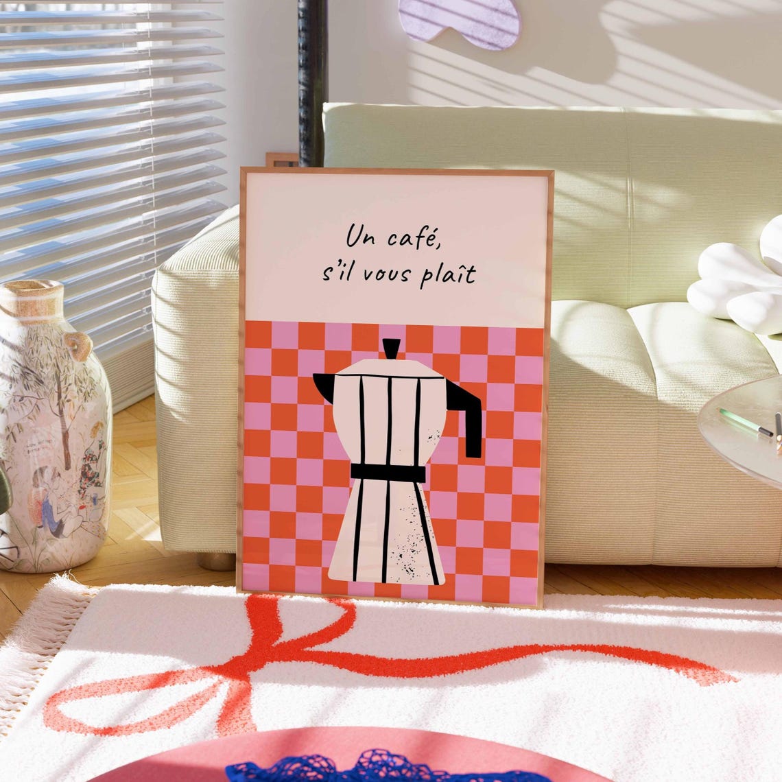 French Cafe Moka Pot Wall Art with Red Checkered Kitchen Charm