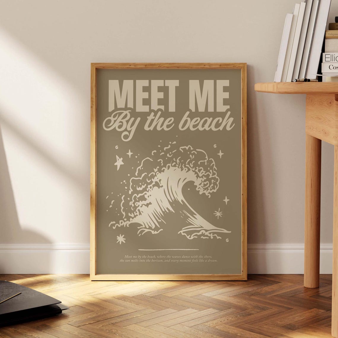 Meet Me By The Beach Neutral Taupe Wave Typography Art Poster