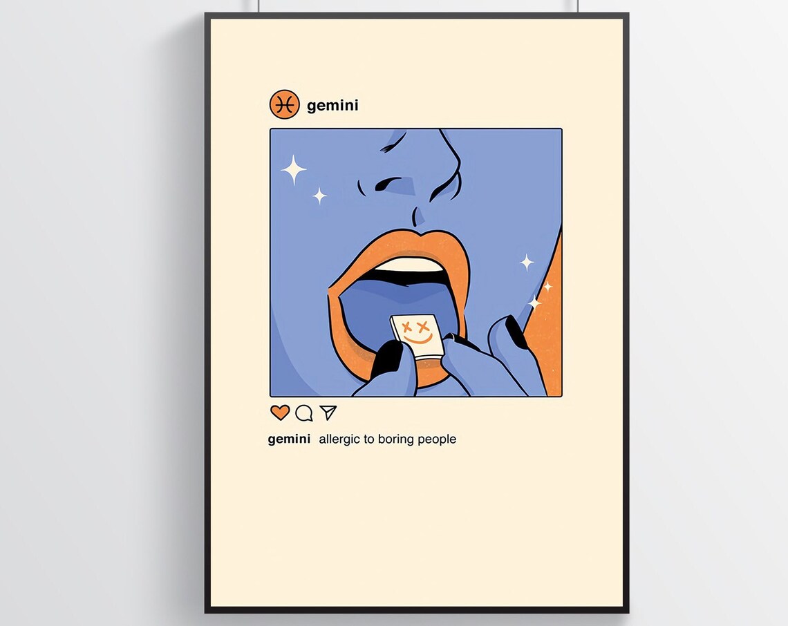 Gemini Zodiac Pop Art Blue Lips Holding Pill Astrology Humor Poster