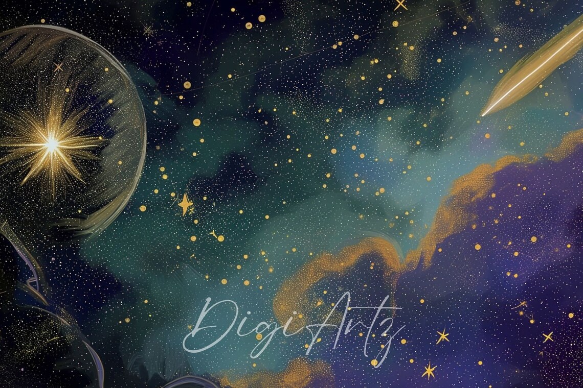 Shooting Star Moonlit Clouds Purple Gold Night Sky Painting Poster - Image 6