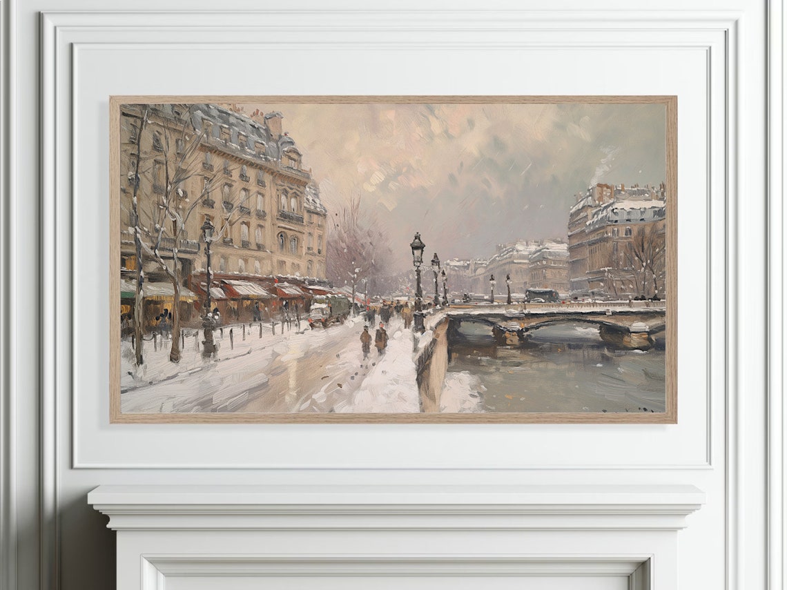 Frame Tv Vintage Winter Paris Street Oil Painting Snowy French Cityscape Wall Art Antique Farmhouse Home Decor Frame Tv French Art - Image 5