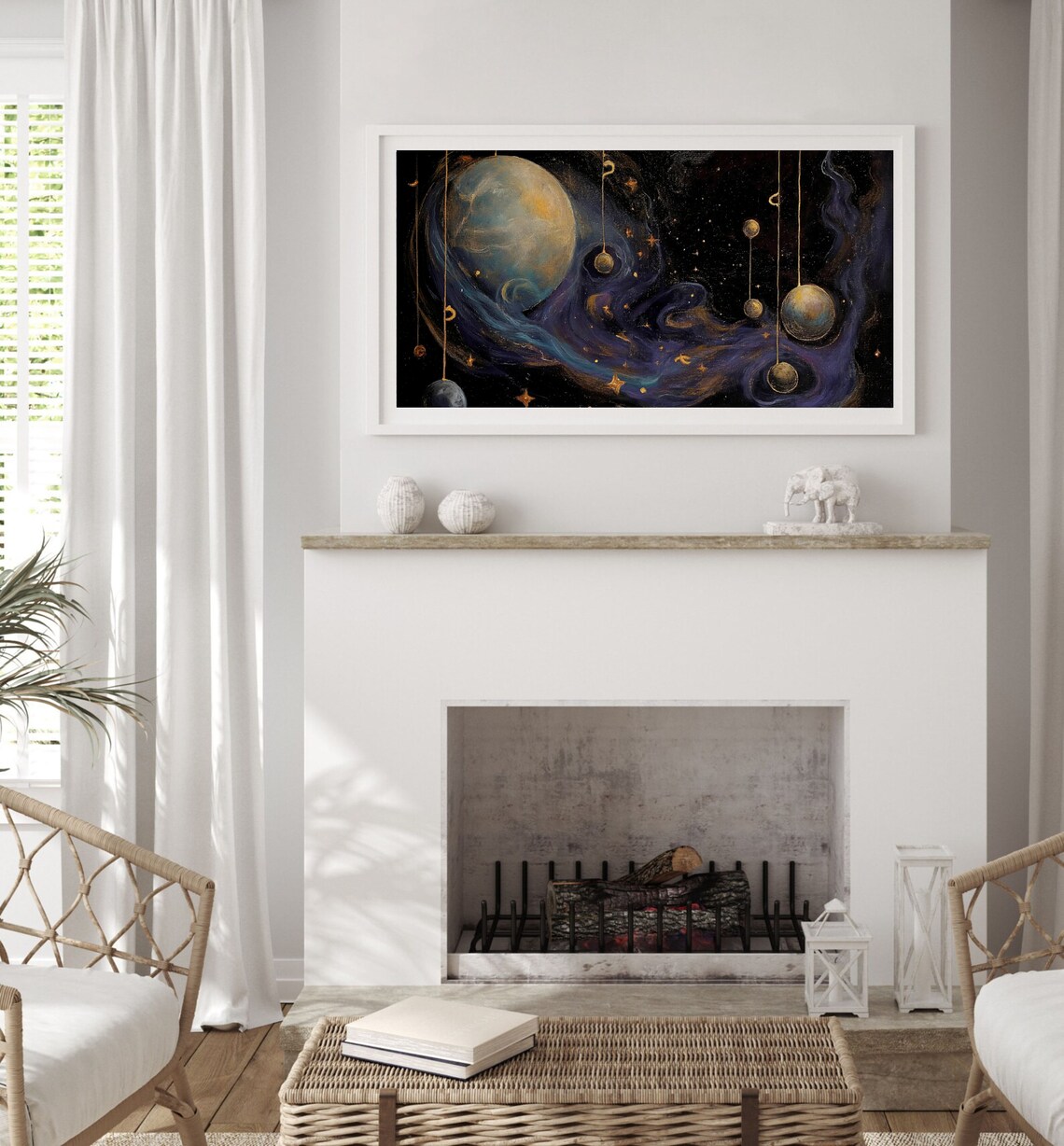 Golden Planet And Stars Celestial Nebula Night Sky Art Poster