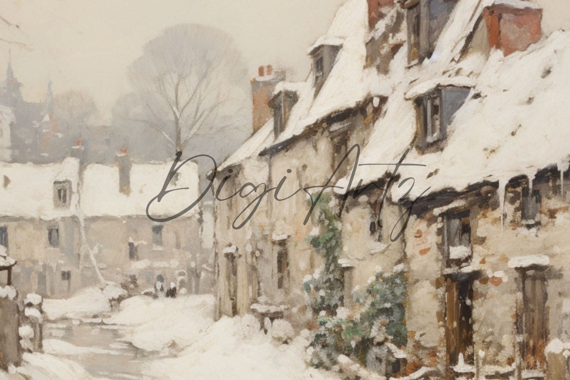 Snowy European Village Stone Cottages Impressionist Winter Poster - Image 3