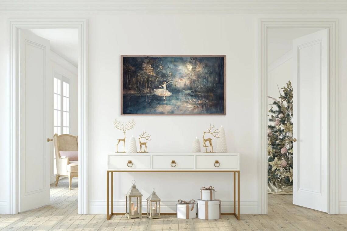 Ballerina Dancing On Moonlit Water Forest Fantasy Watercolor Poster - Image 4