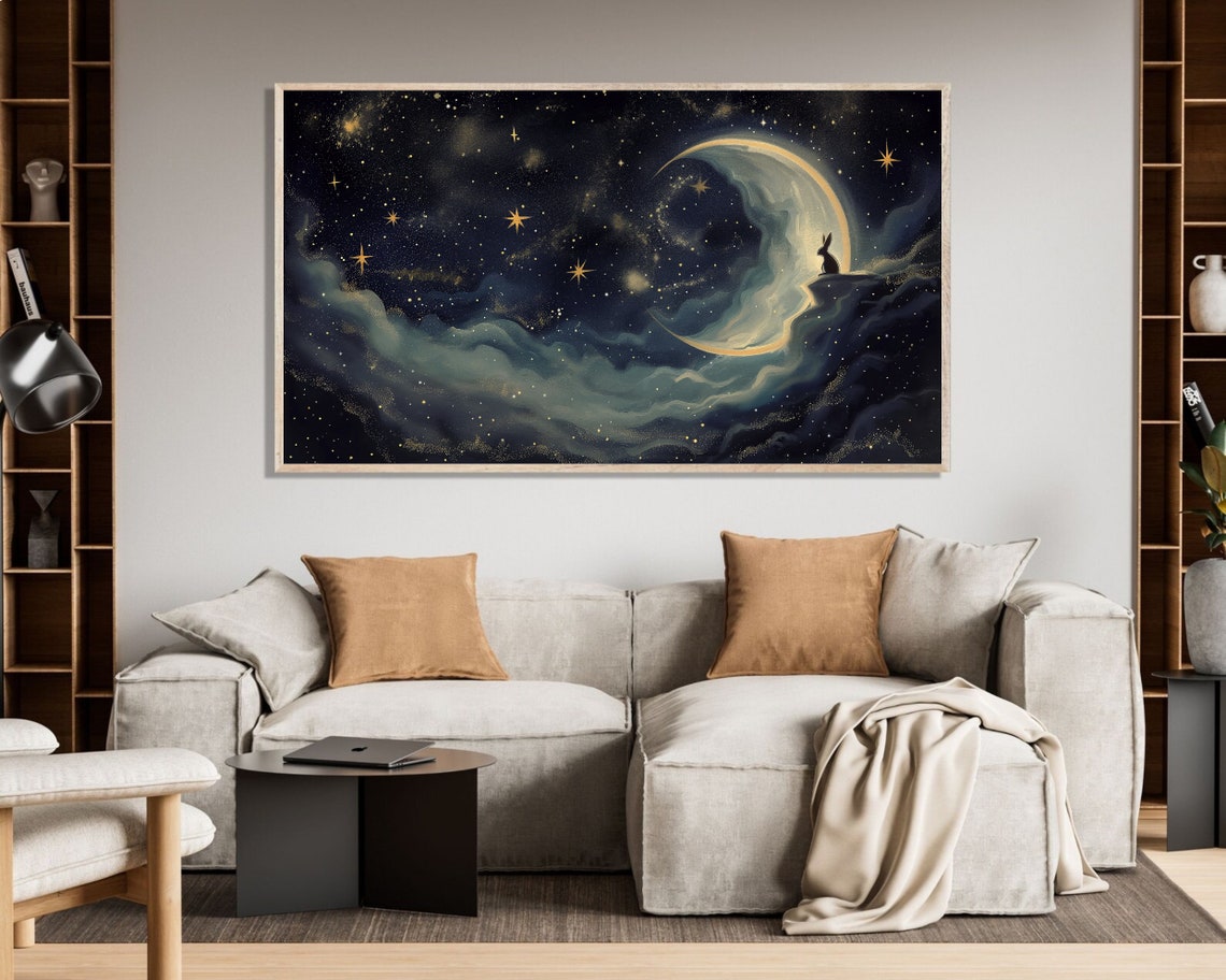 Crescent Moon Bunny Silhouette Starry Night Sky Nursery Poster - Image 2