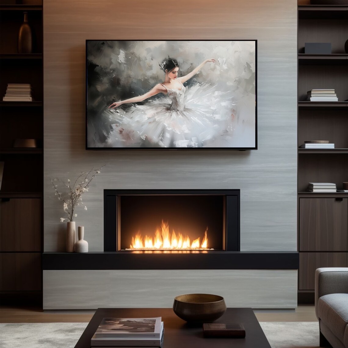 Elegant White Tutu Ballerina Gray Abstract Oil Painting Poster - Image 3