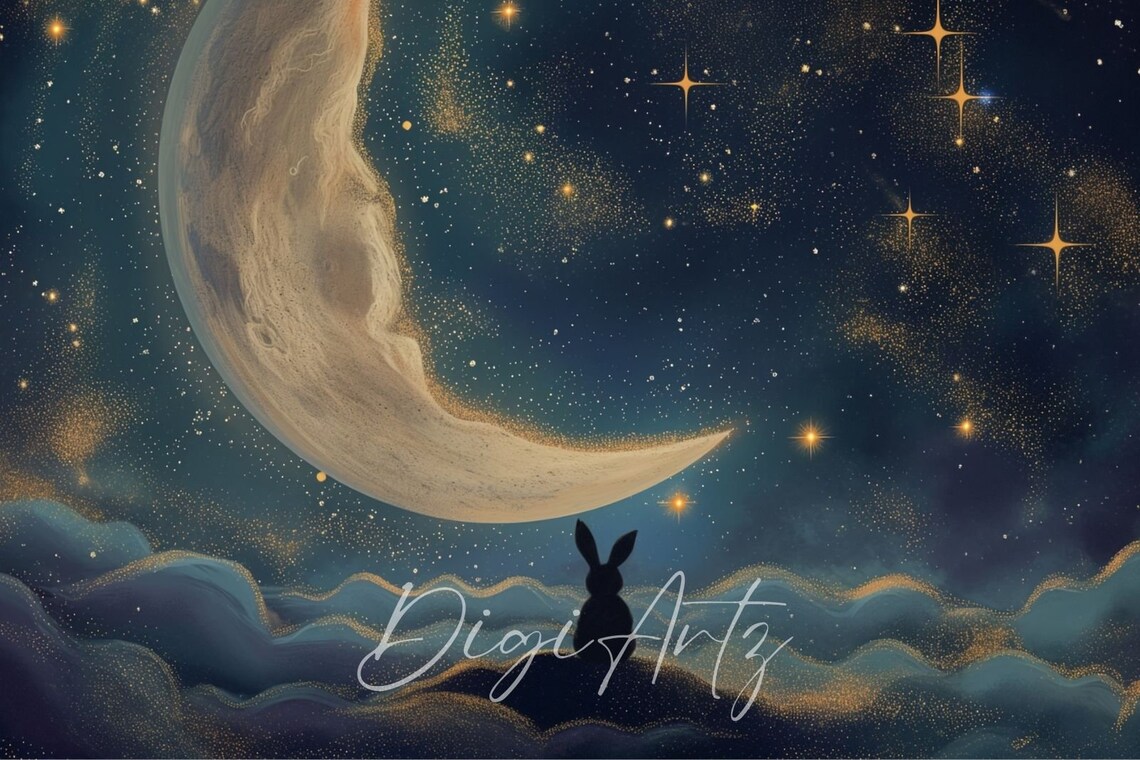 Bunny Gazing At Crescent Moon Starry Night Cloud Painting Poster - Image 6