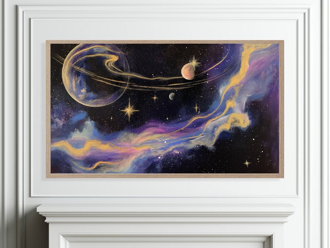 Ringed Planet Purple Gold Nebula Cosmic Space Oil Painting Poster - Image 4