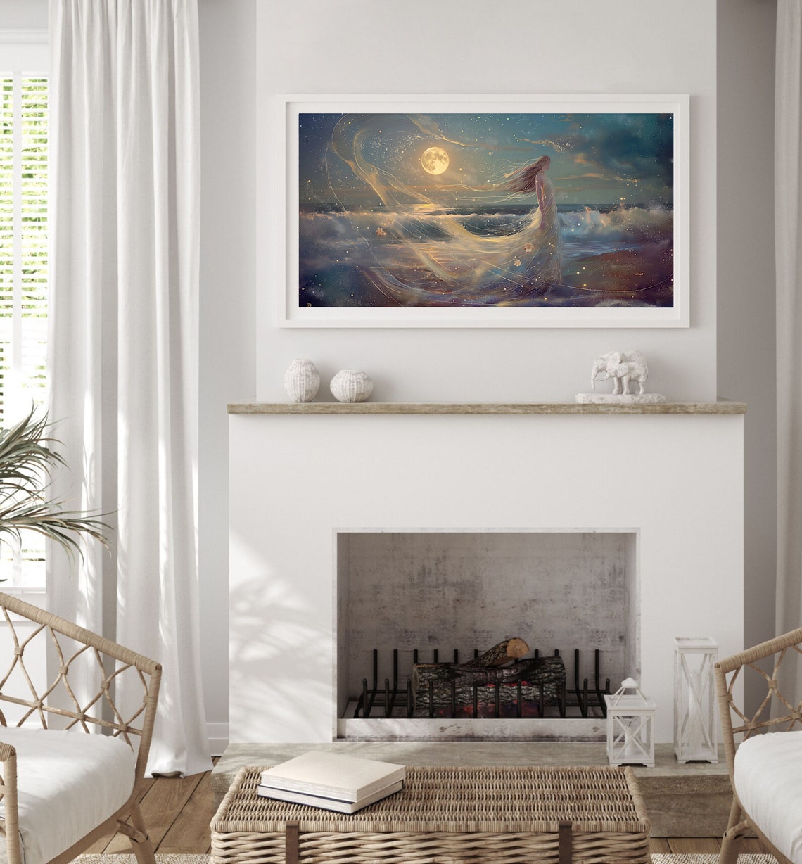 Moonlit Beach Ethereal Woman Flowing Veil Starry Night Poster - Image 2