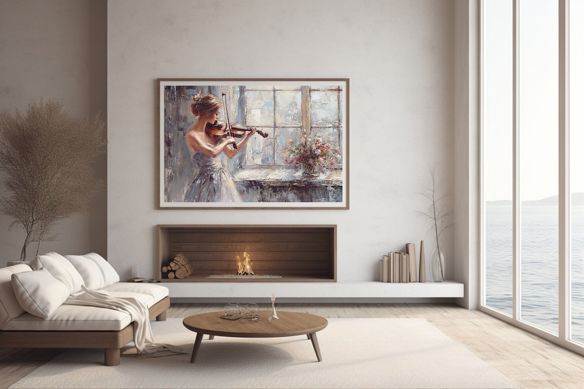 Woman Playing Violin By Window Romantic Music Painting Poster - Image 2