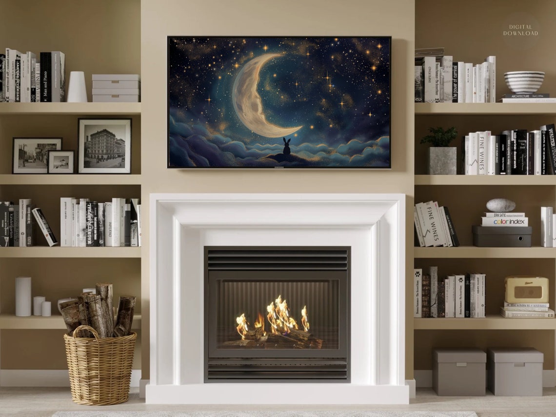 Bunny Gazing At Crescent Moon Starry Night Cloud Painting Poster - Image 5