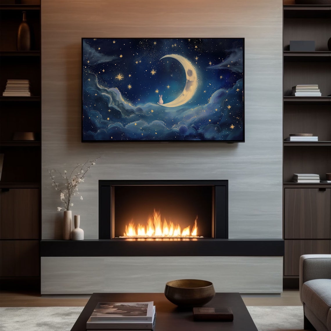 Bunny On Crescent Moon Starry Night Clouds Whimsical Painting Poster - Image 5
