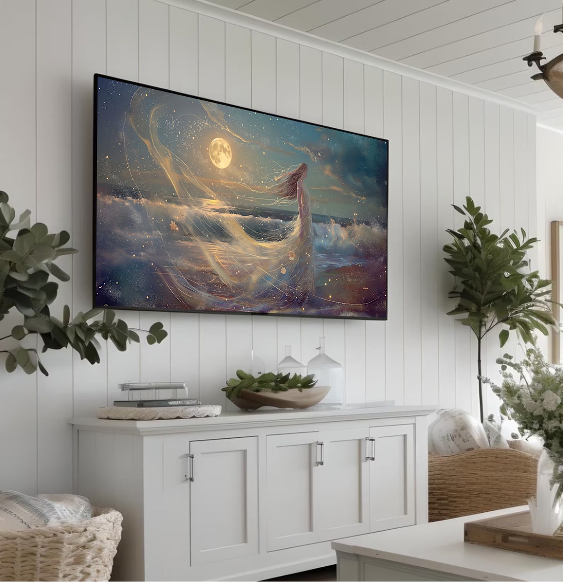 Moonlit Beach Ethereal Woman Flowing Veil Starry Night Poster - Image 4