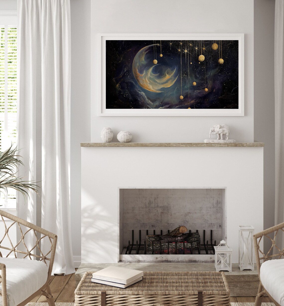 Crescent Moon Hanging Golden Orbs Gothic Celestial Painting Poster - Image 3