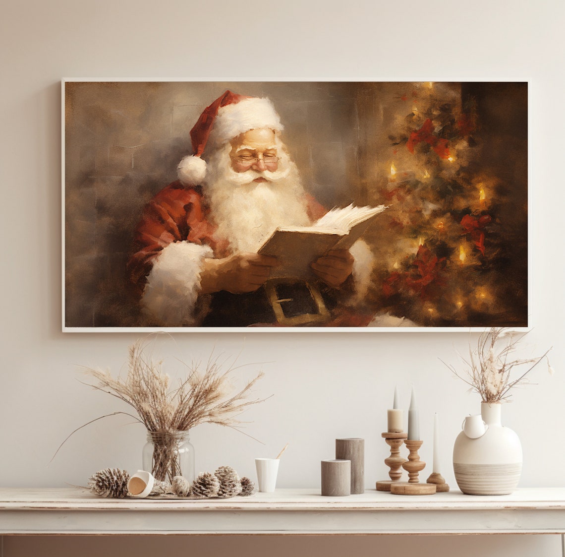 Santa Claus Reading A Book Beside A Glowing Christmas Tree Poster - Image 2