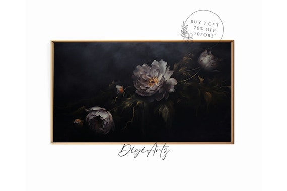 Frame Tv Abstract Art Moody Floral Still Life Oil Painting Antique Dark Flower Deep In Bloom Botanical Wall Art Dark Academia Decor