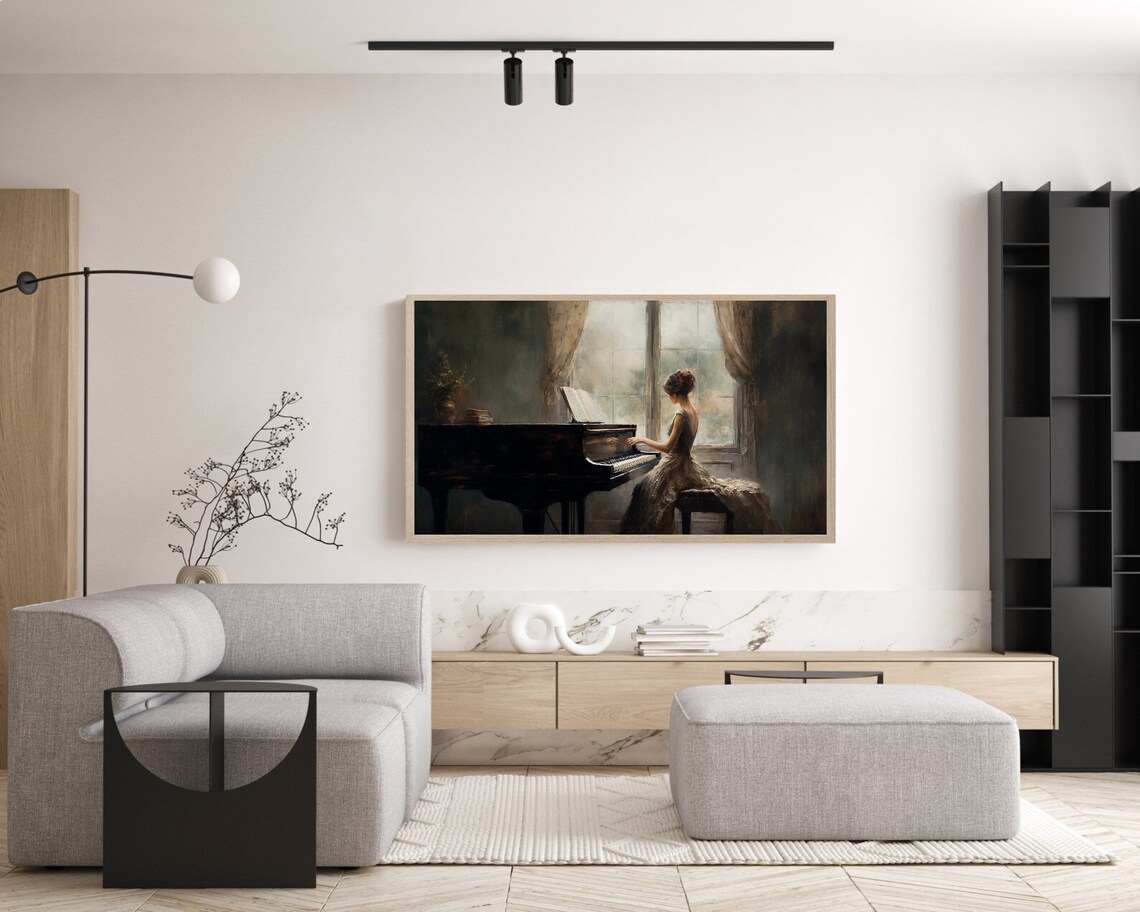 Woman Playing Grand Piano By Window Romantic Musician Painting Poster - Image 3