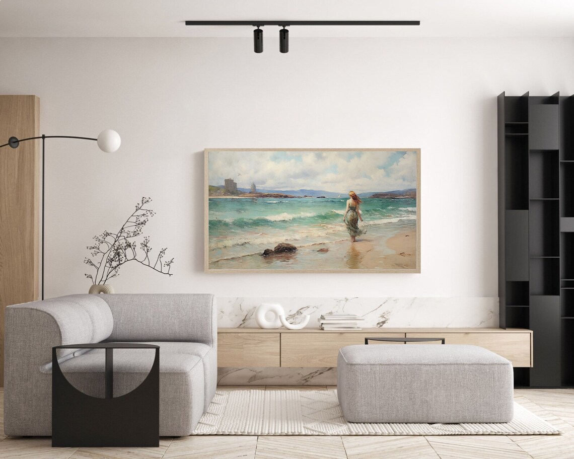 Woman Walking Into Turquoise Sea Coastal Castle Seascape Art Poster - Image 5