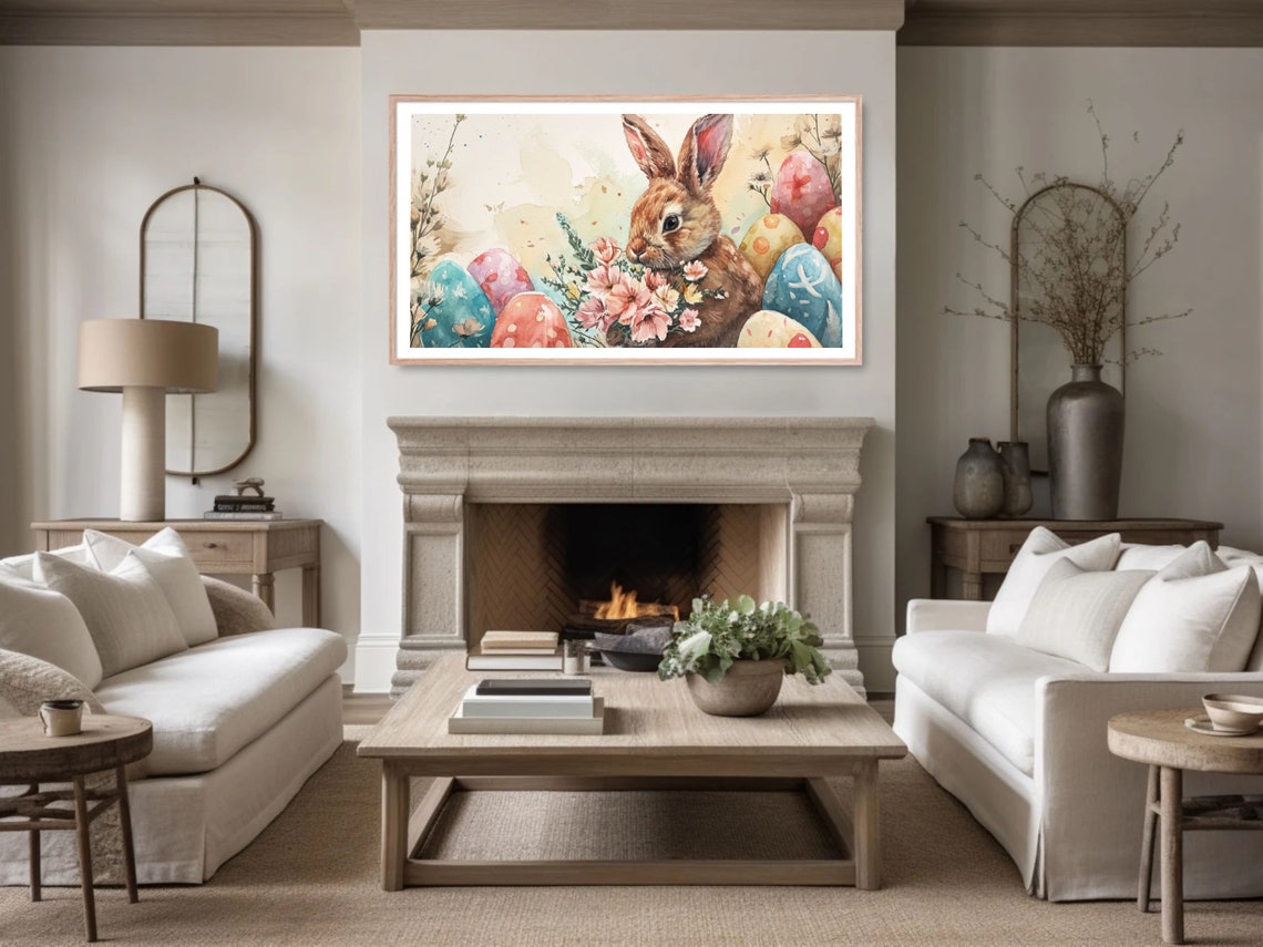 Easter Bunny Watercolor With Painted Eggs And Spring Flowers Poster - Image 5