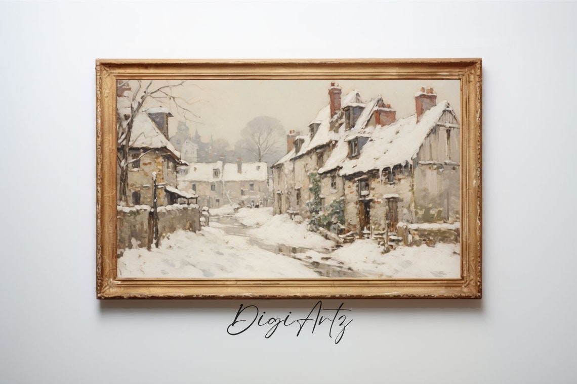 Snowy European Village Stone Cottages Impressionist Winter Poster