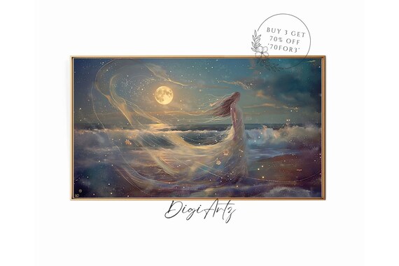 Moonlit Beach Ethereal Woman Flowing Veil Starry Night Poster