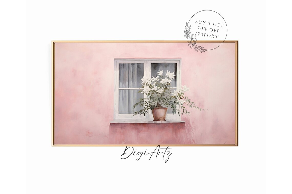 White Lilies on Pink Windowsill Minimalist Floral Oil Painting Poster