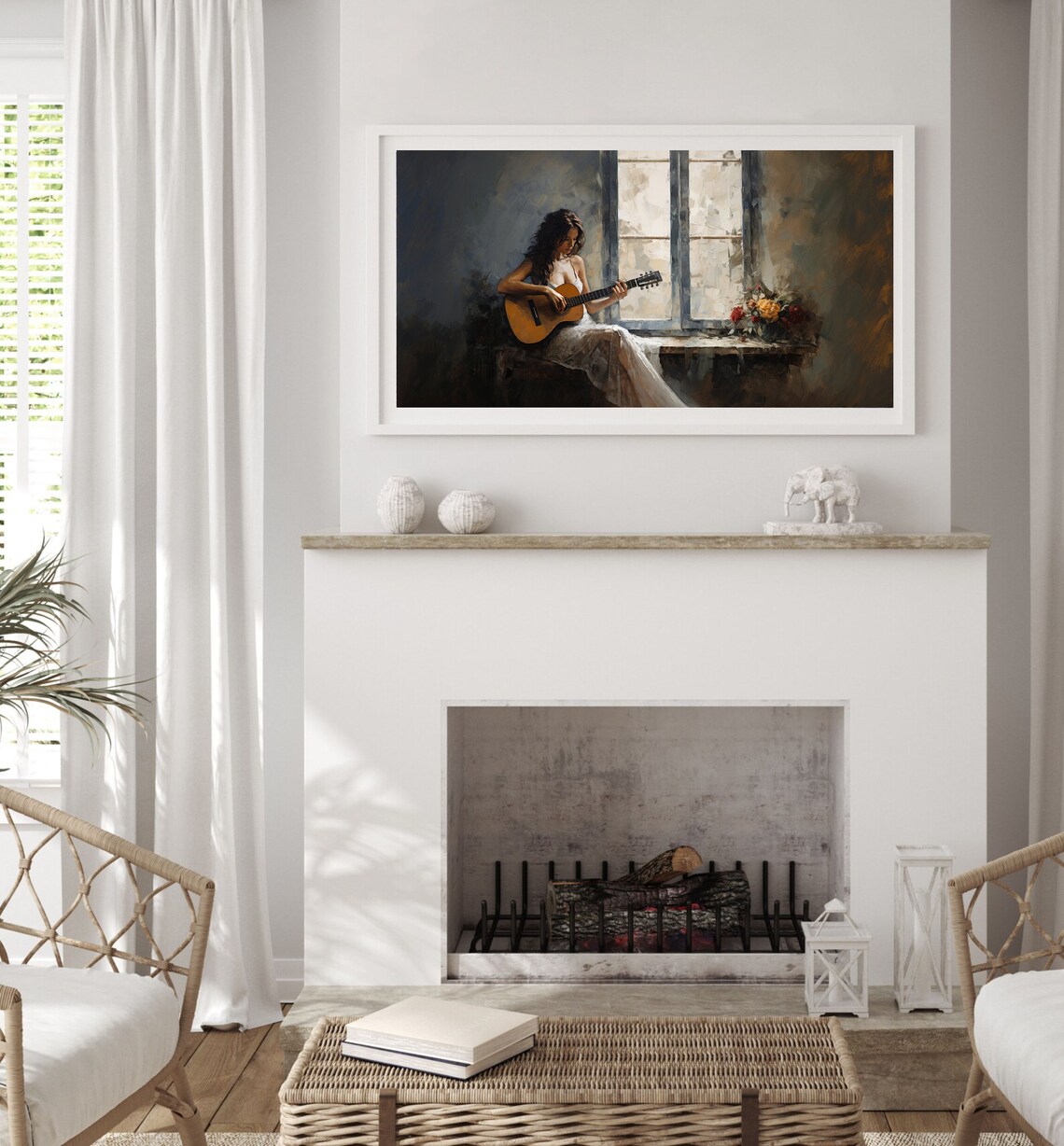 Woman Playing Guitar By Window Moody Musician Oil Painting Poster - Image 5
