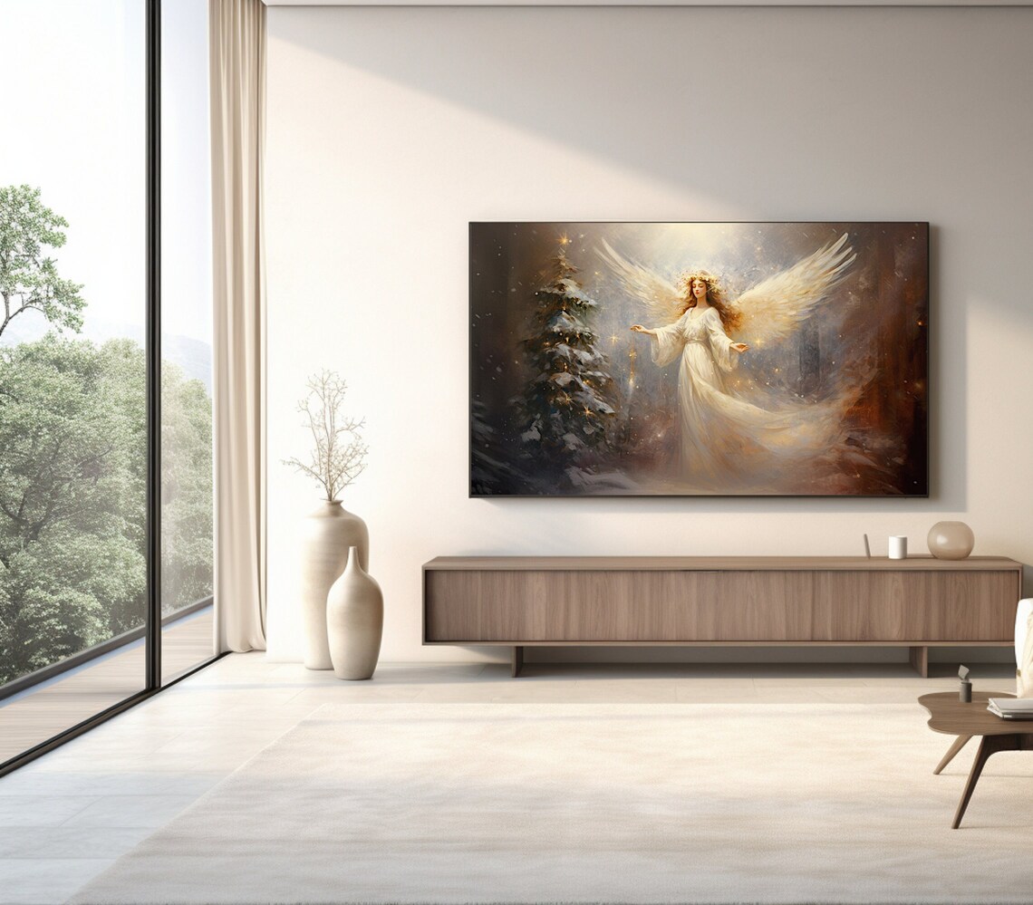 Christmas Angel Snowy Tree Glowing Wings Winter Holiday Art Poster - Image 2