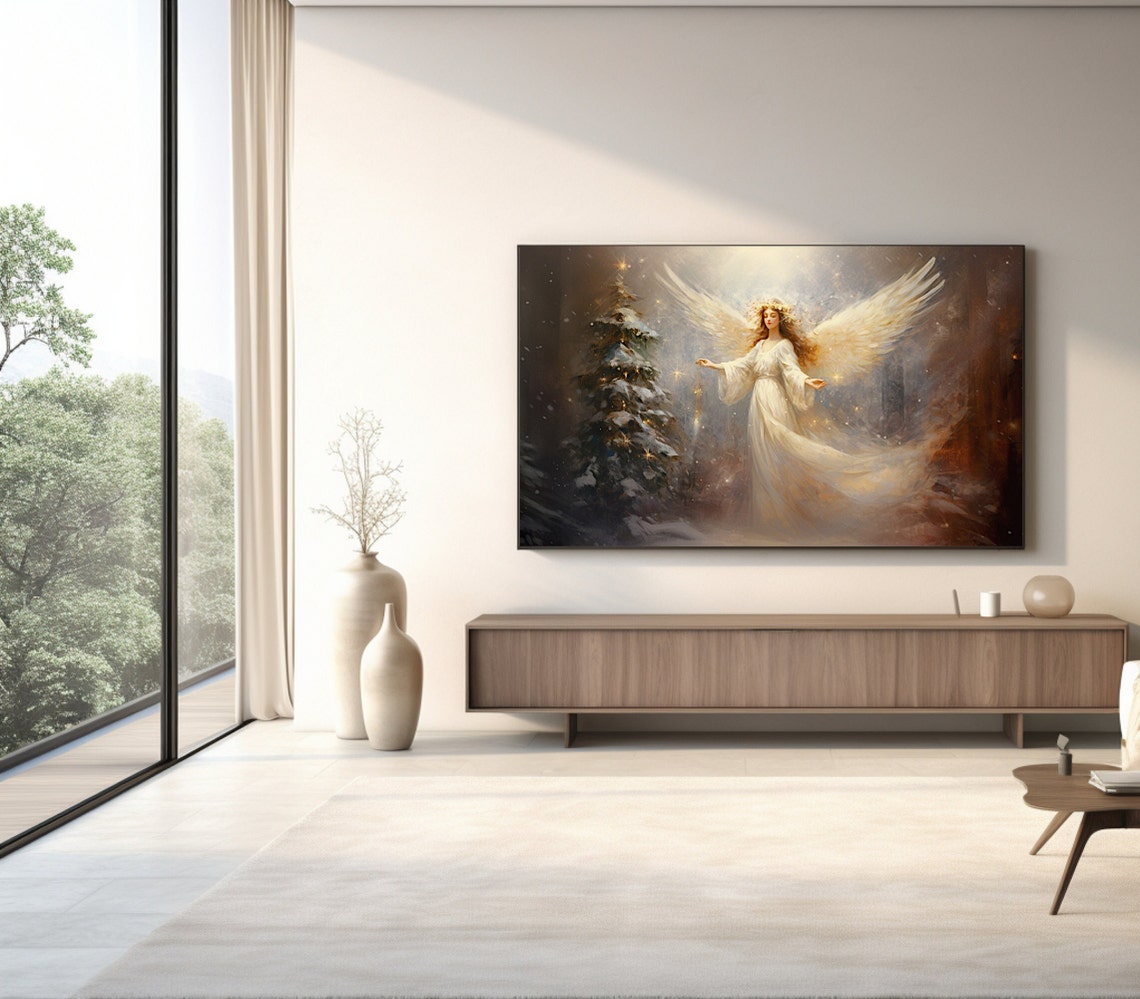 Frame Tv Portrait Art Christmas White Angel Oil Painting Rustic Fairy Winter Landscape Print Vintage Christmas Farmhouse Wall Decor - Image 2