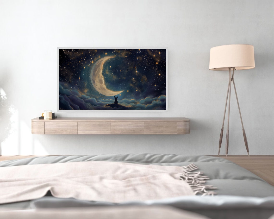 Bunny Gazing At Crescent Moon Starry Night Cloud Painting Poster - Image 2