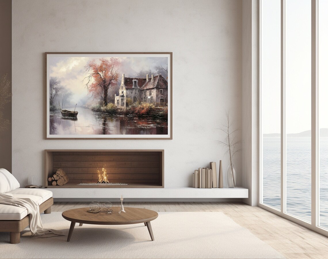 Autumn Countryside Riverside Old House Red Leaves Oil Painting Poster - Image 3