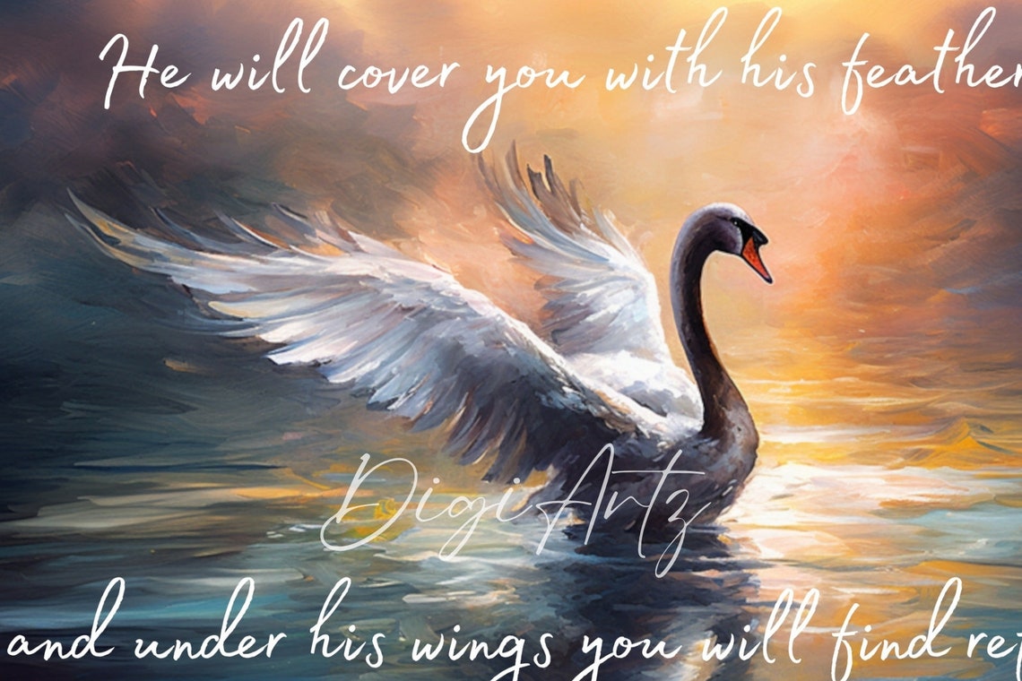 Psalm 91 Swan Sunset Oil Painting Scripture Verse Christian Poster - Image 6