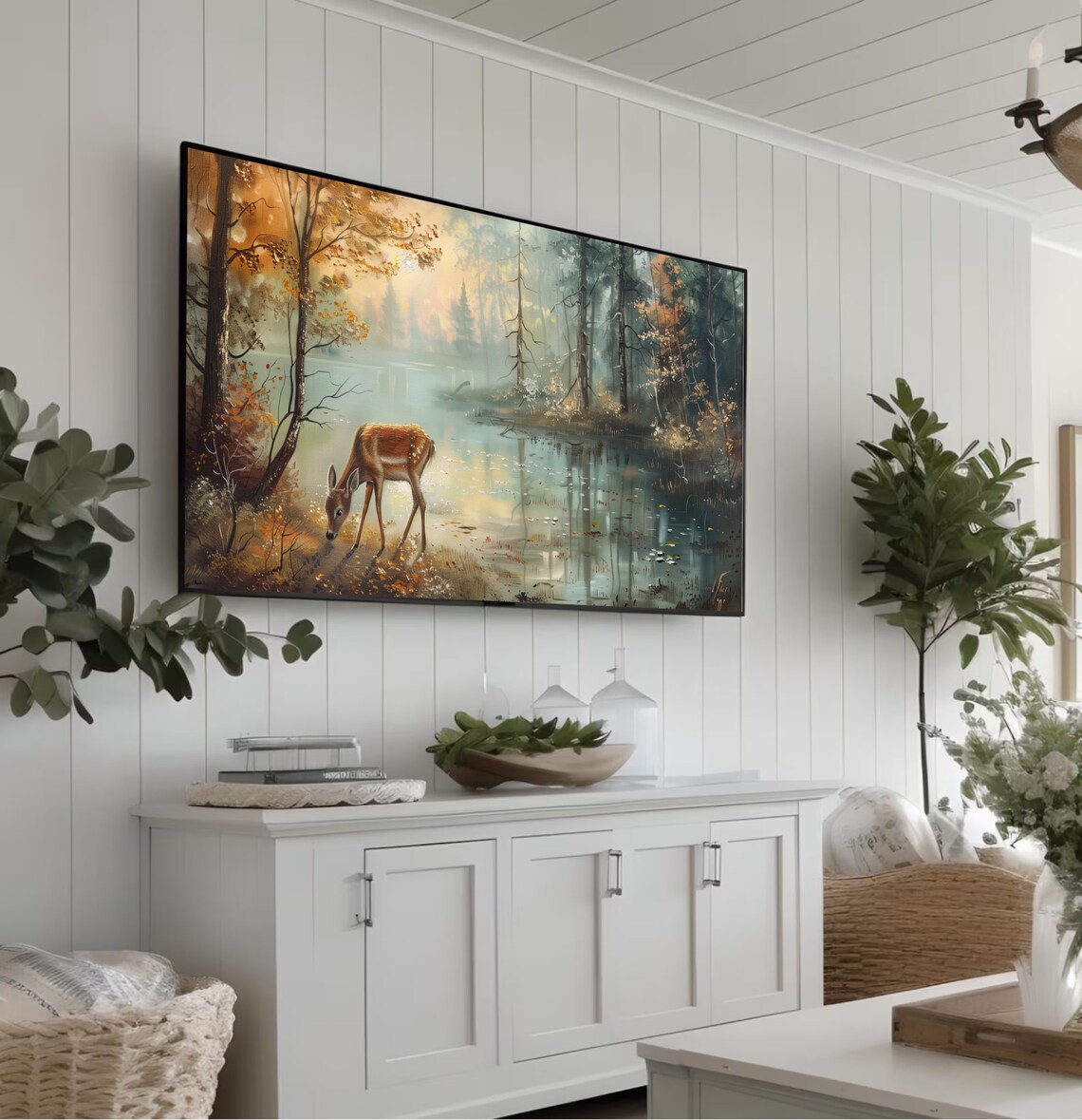 Deer Drinking At Misty Forest Pond Autumn Wildlife Painting Poster - Image 5