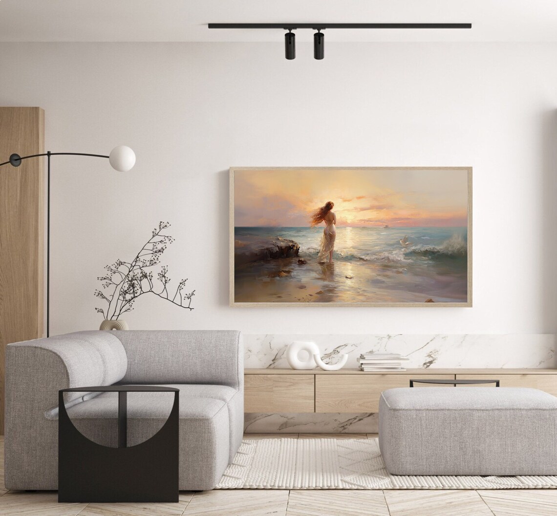 Woman In White Dress Sunset Beach Romantic Seaside Oil Painting Poster - Image 5
