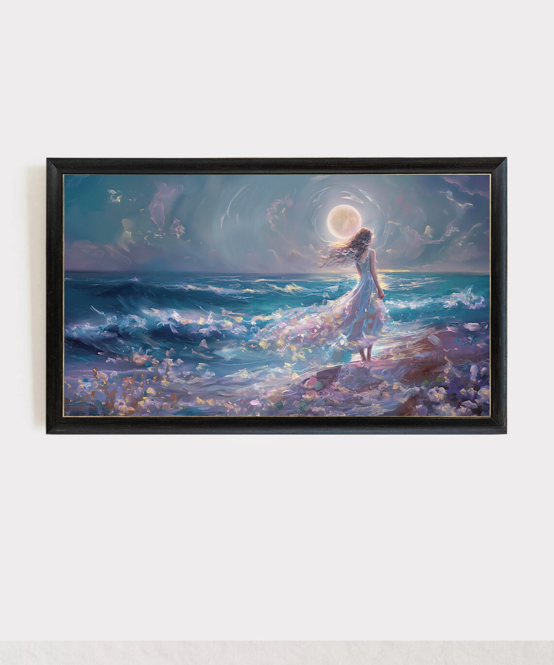 Moonlit Ocean Woman In Flowing Dress Dreamy Beach Moon Poster - Image 4