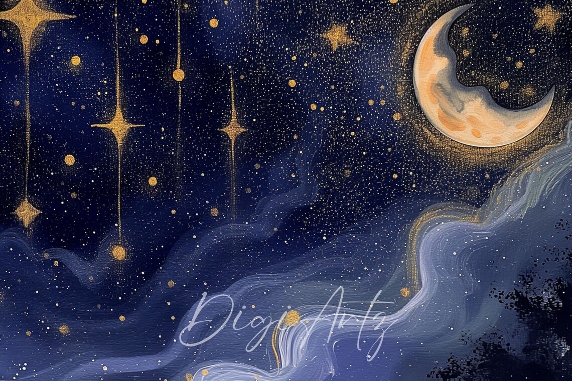 Celestial Moon and Star Oil Painting, Gothic Art - Image 6