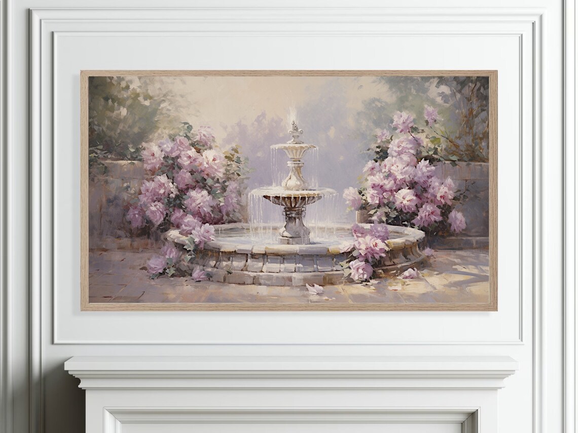 Garden Fountain Pink Blossoms Vintage Courtyard Oil Painting Poster - Image 4