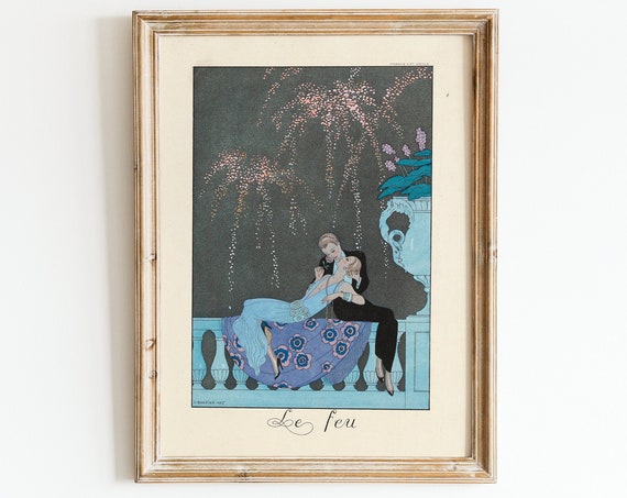 Art Deco Wall Art Lovers Kissing Fireworks At Night Vintage Fashion Illustration Couple In Love Vintage Fashion Art Print