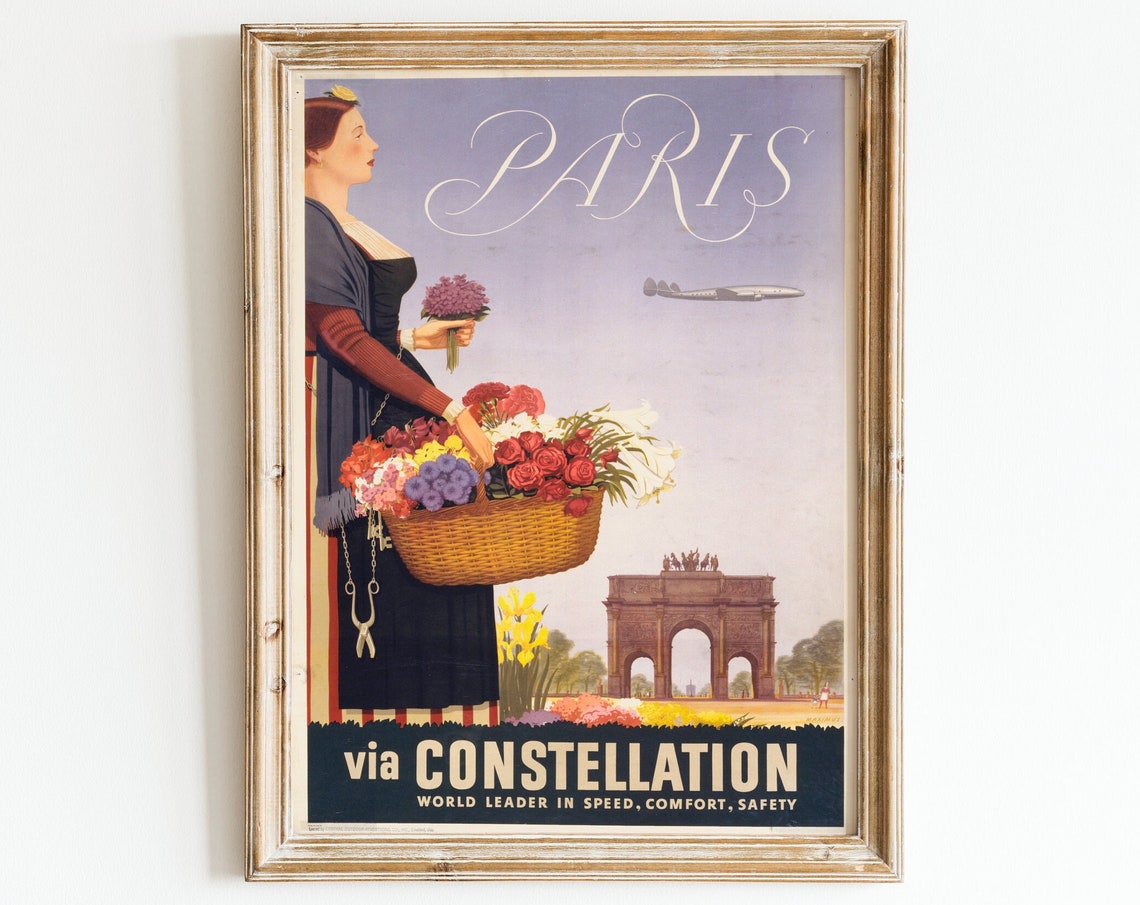 Paris Travel Poster Vintage Travel Ad French Art Deco Painting Woman With Flowers Antique Home Decor Wall Art