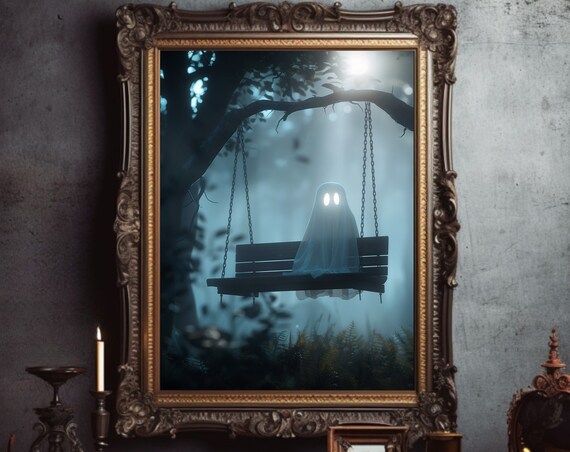 Cute Ghost On Night Swing Moonlight Spooky Fall Halloween Poster
