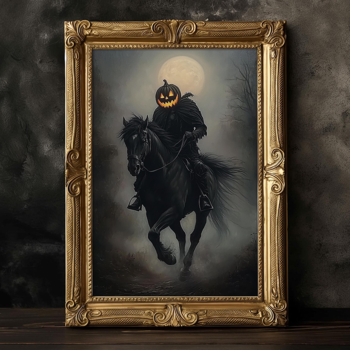 Jack o Lantern Rider Moonlit Foggy Night Spooky Gothic Oil Poster - Image 3