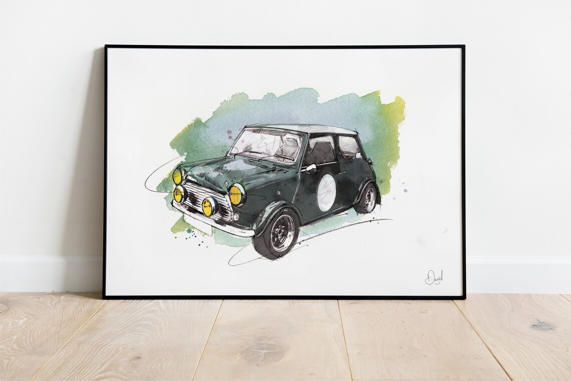 Classic Mini Cooper Watercolor Art Print, Illustration