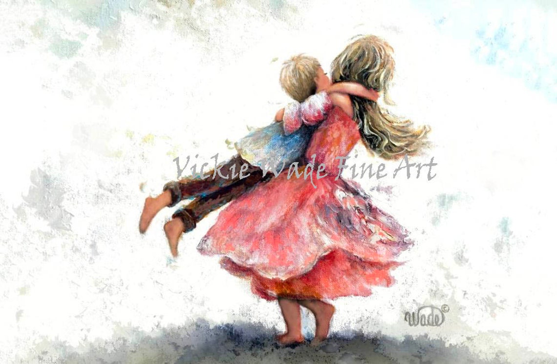 Sister And Brother Twirling Art Print Daughter And Son Big Sister Little Brother Spinning Barefoot Big Girl Little Boy Vickie Wade Art
