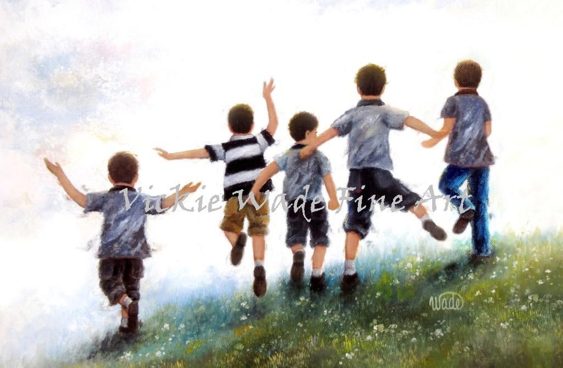 Five Little Boys Leaping And Running Up A Grassy Hill Poster
