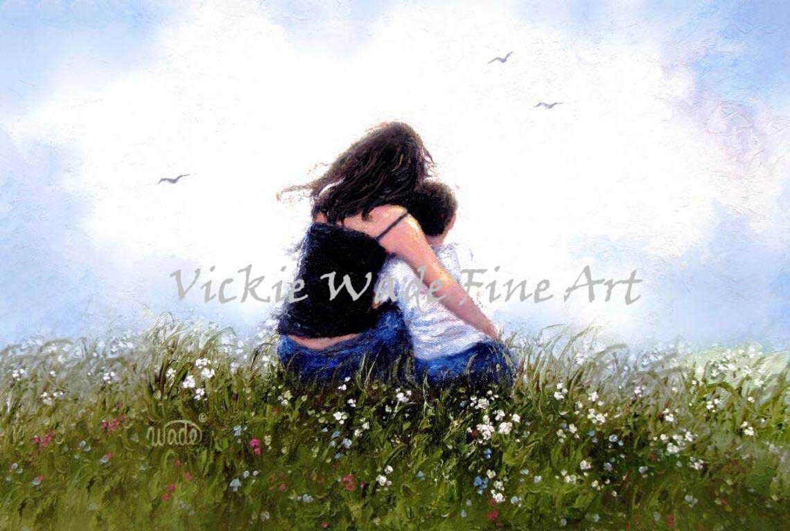 Brunette Mother Hugging Her Son in a Wildflower Meadow Poster