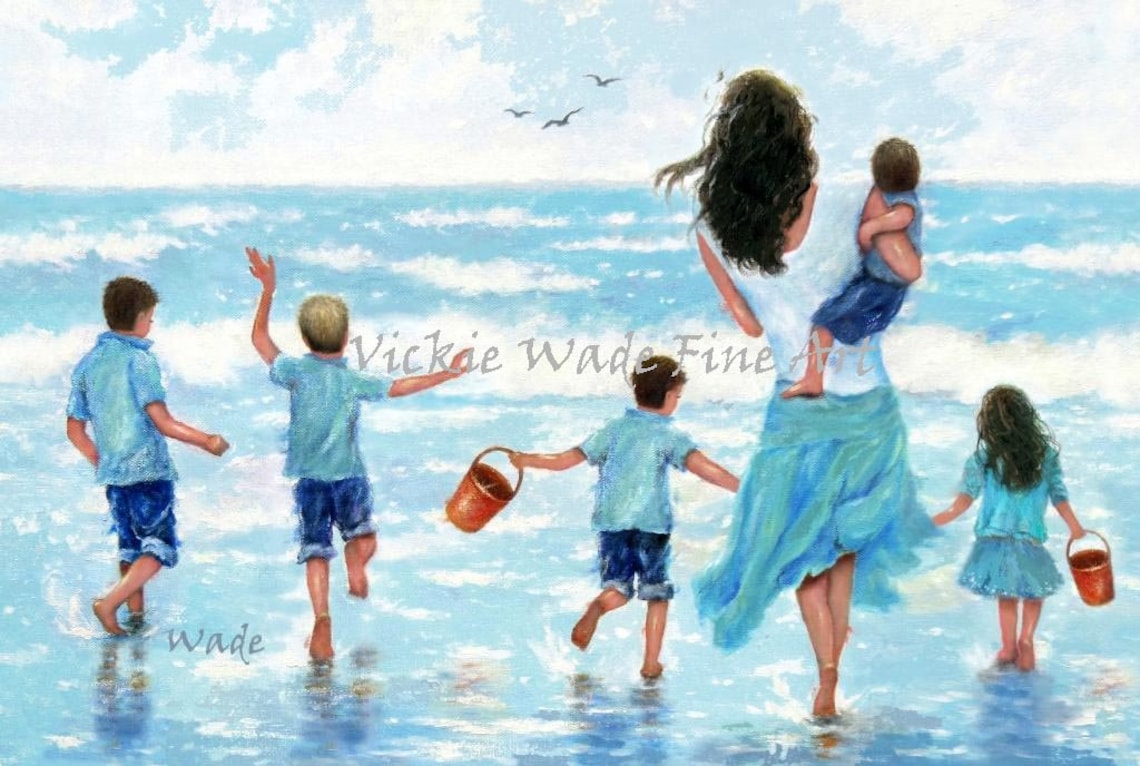 Mother Leading Her Five Happy Children into the Ocean Surf Poster