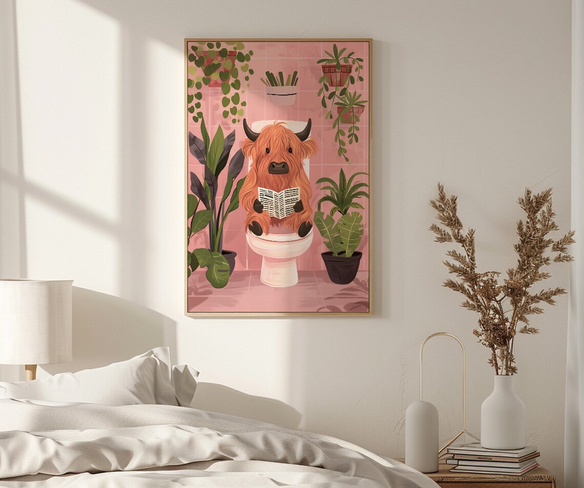 Vintage Highland Cow Reading Newspaper, Bathroom Poster - Image 2