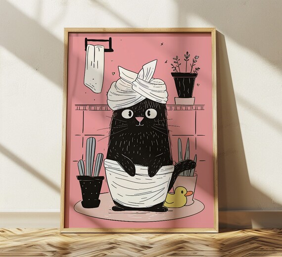 Bathroom Black Cat Shower Print For Toilet Wall Art Print Vintage Cute Cat Print Maximalist Wall Art Bathroom Decor Wall Art Toilet Poster