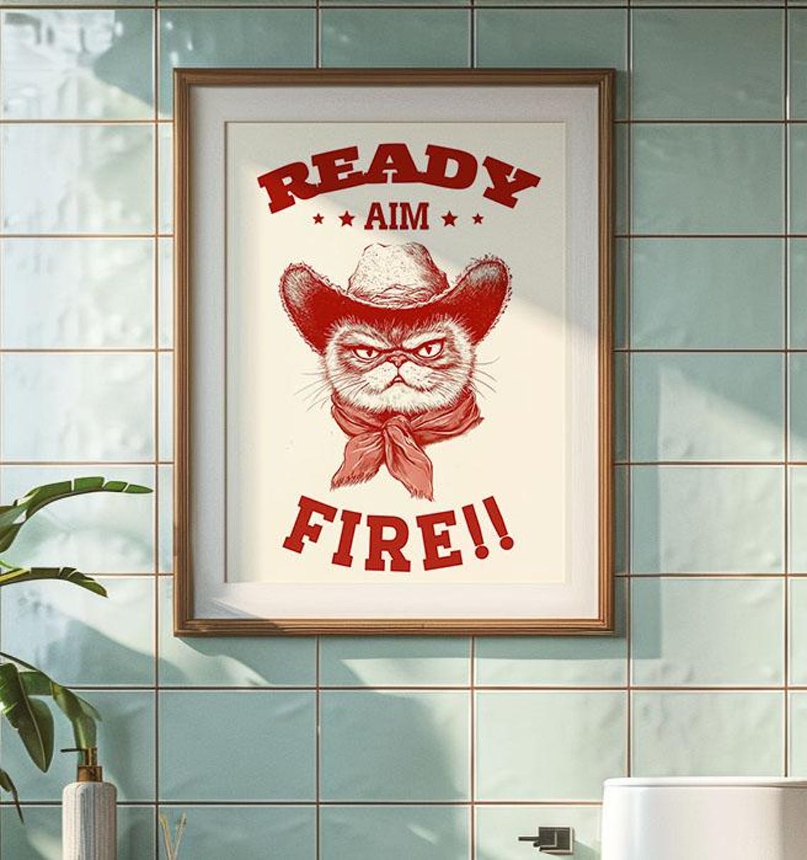 Cowboy Cat Ready Aim Fire Vintage Western Red Graphic Art Poster - Image 3