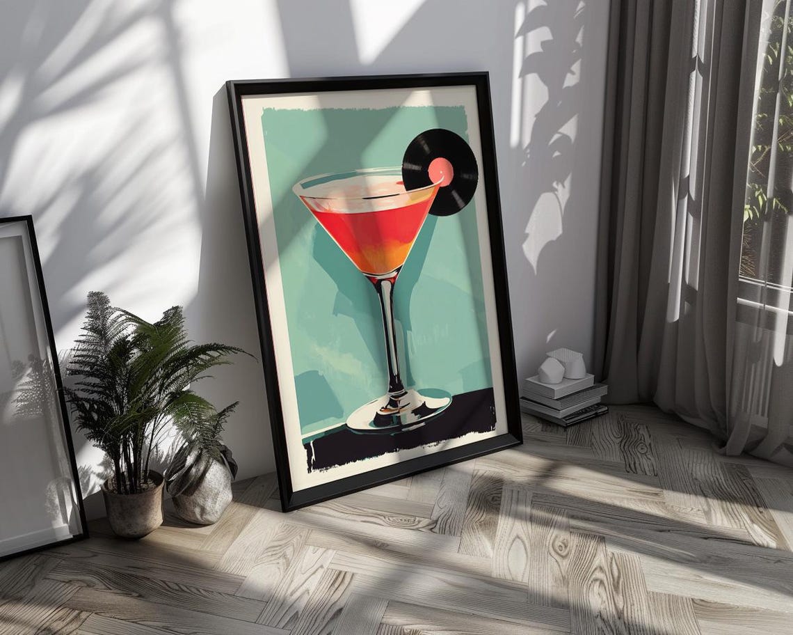 Retro Cool Cocktail Glass With Vinyl Record Music Bar Art Poster - Image 2